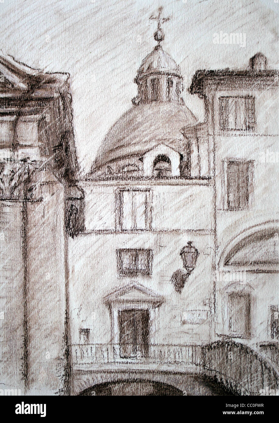 Roman cityscape painted by sanguine pencil . I painted it in 2002 Stock Photo