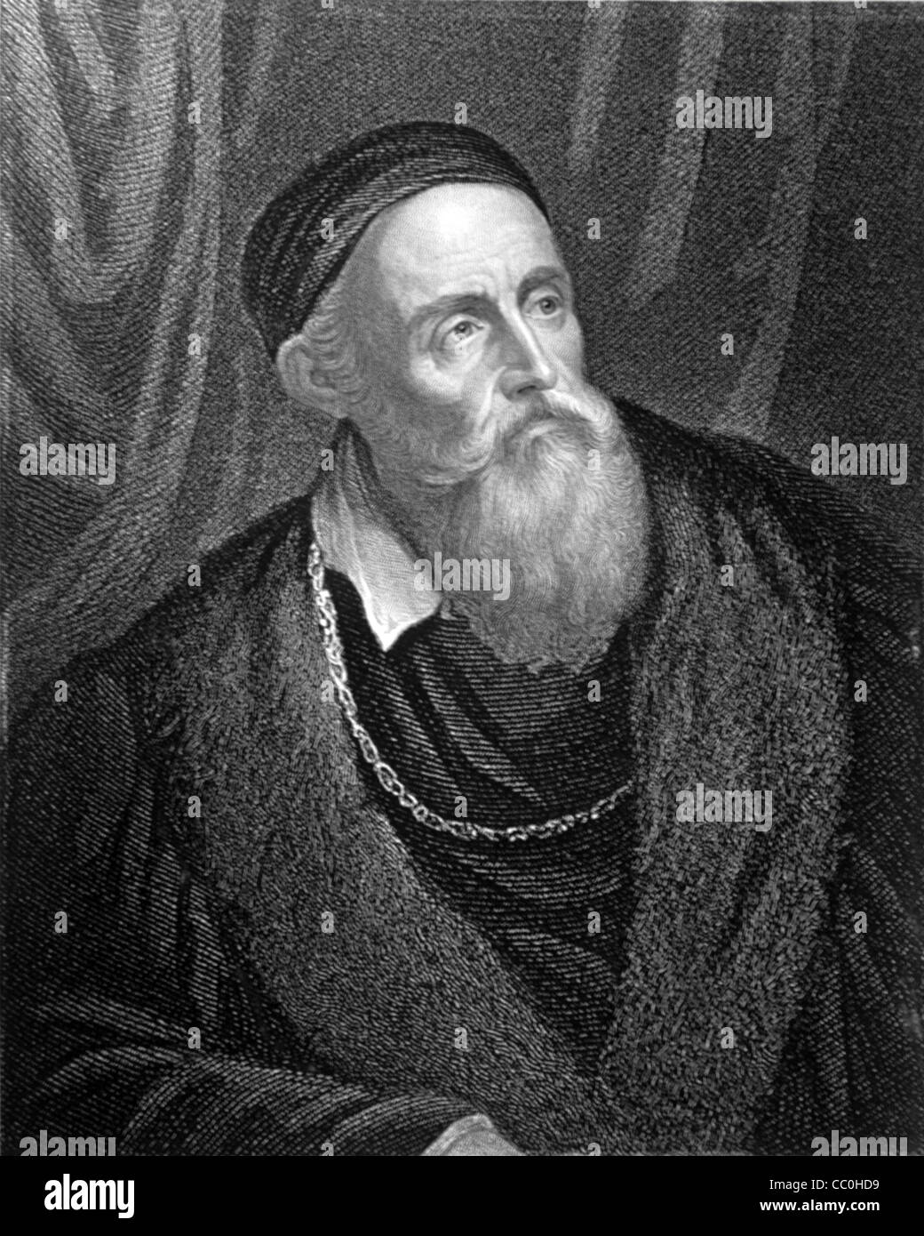 Portrait of Titian, Tiziano Vecelli or Vecellio (c1488/90-1576) Venetian & Italian Painter c19th Engraving by W. Holl after Titian Painting. Vintage Illustration or Engraving Stock Photo