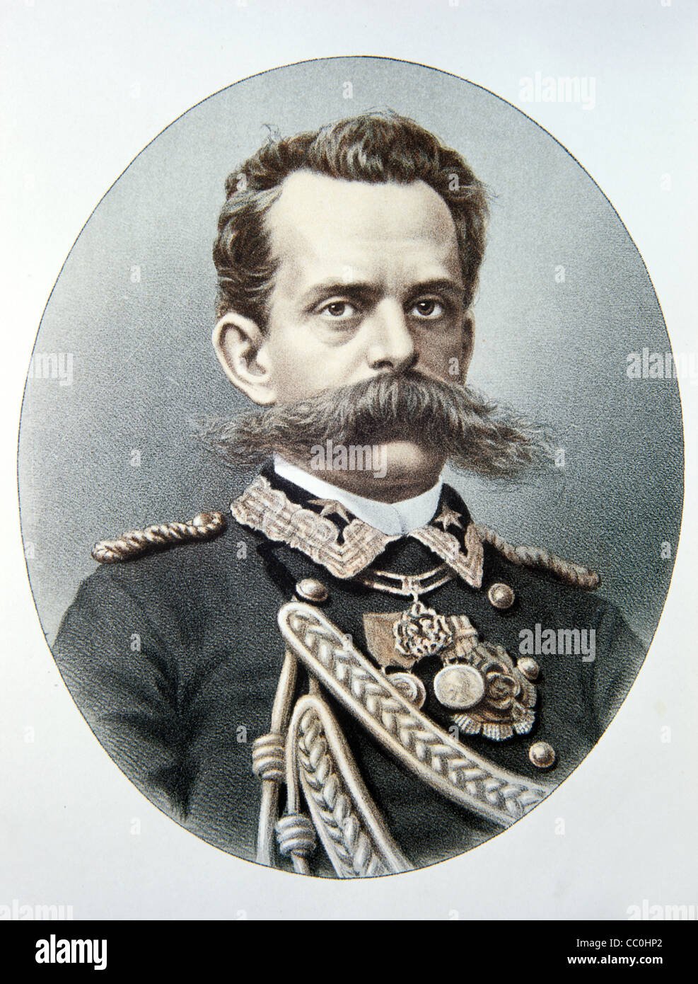 Portrait of Umberto I of Italy, or Humbert I, the Good. (1844-1900). King of Italy, Reigned 1878-1900. Portrait Shoing Huge Handlebar Moustache. Colour Lithograph c1880. Vintage Illustration or Engraving Stock Photo