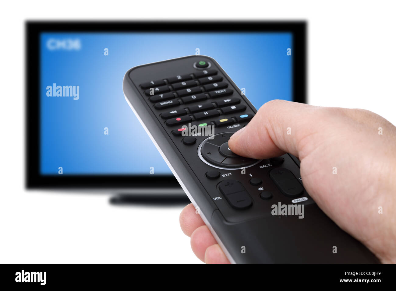 Using tv remote control Stock Photo