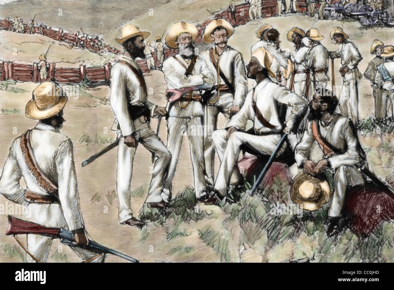 Cuban War of Independence (1895-1898). Command post in Santa Clara. Insurgents led by Maximo Gomez. Colored engraving.