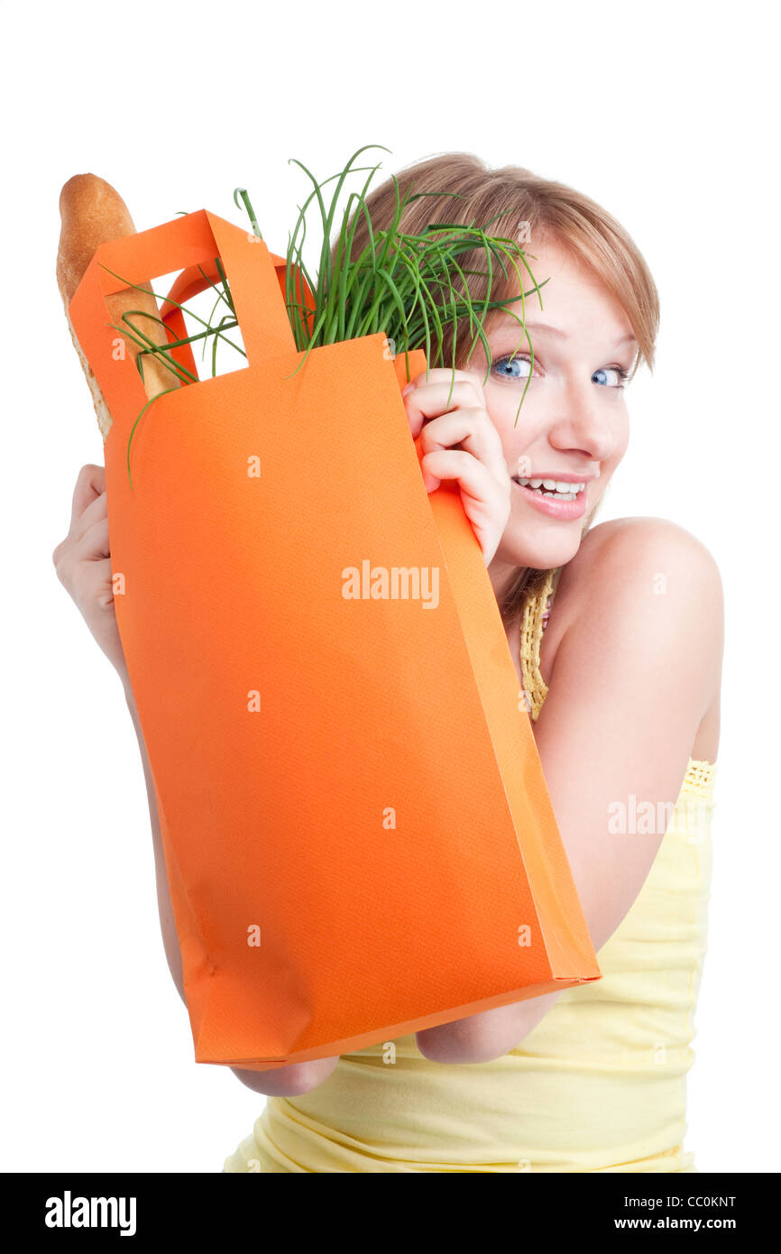 Woman hiding shopping bags hi-res stock photography and images - Alamy