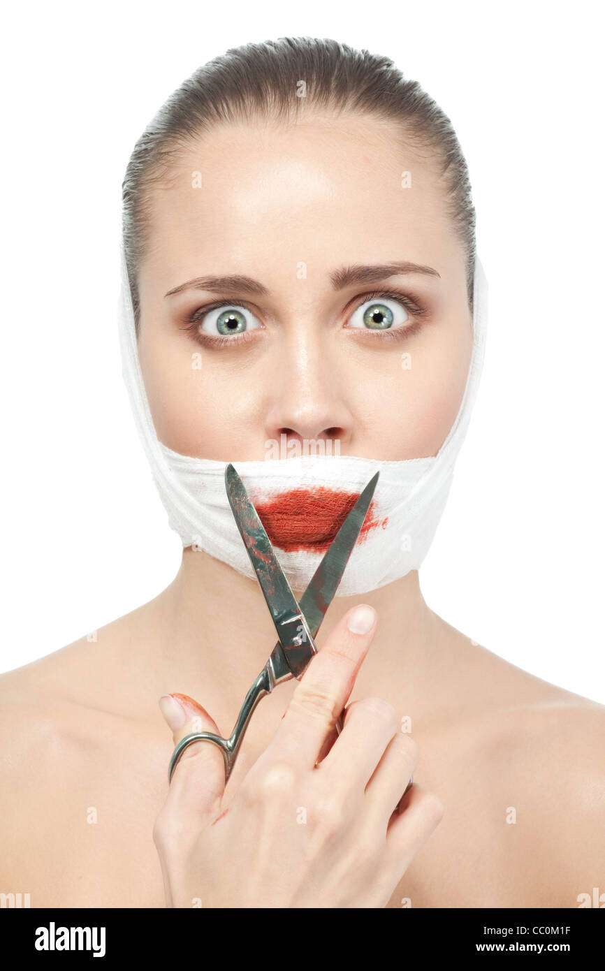 Woman with her tongue cut out with scissors Stock Photo Alamy