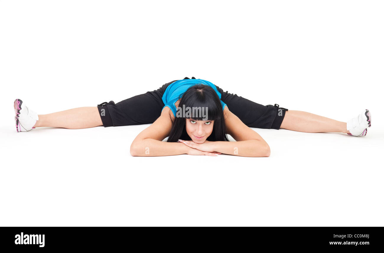 Positive Woman Show Splits Exercise On The Floor Stock Photo Alamy