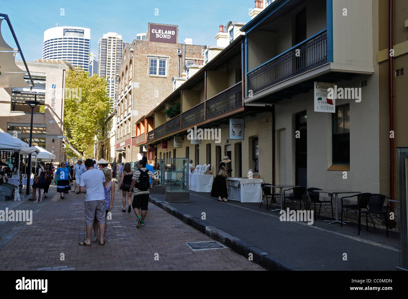 Cafes in a busy side street in The Rocks, a historical suburb of Sydney in New South Wales,Australia Stock Photo