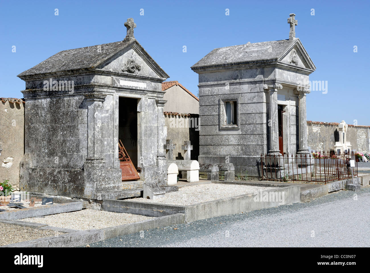 Crypts at a small French cemetery in St. Hilaire la Palud, France Stock
