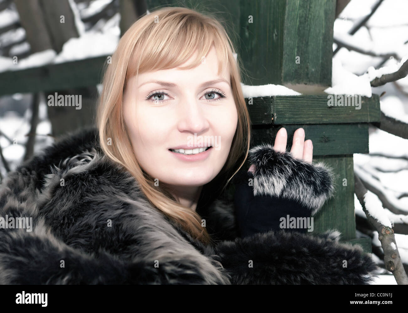 Beautiful young woman in winter fur coat. Winter portrait Stock Photo ...