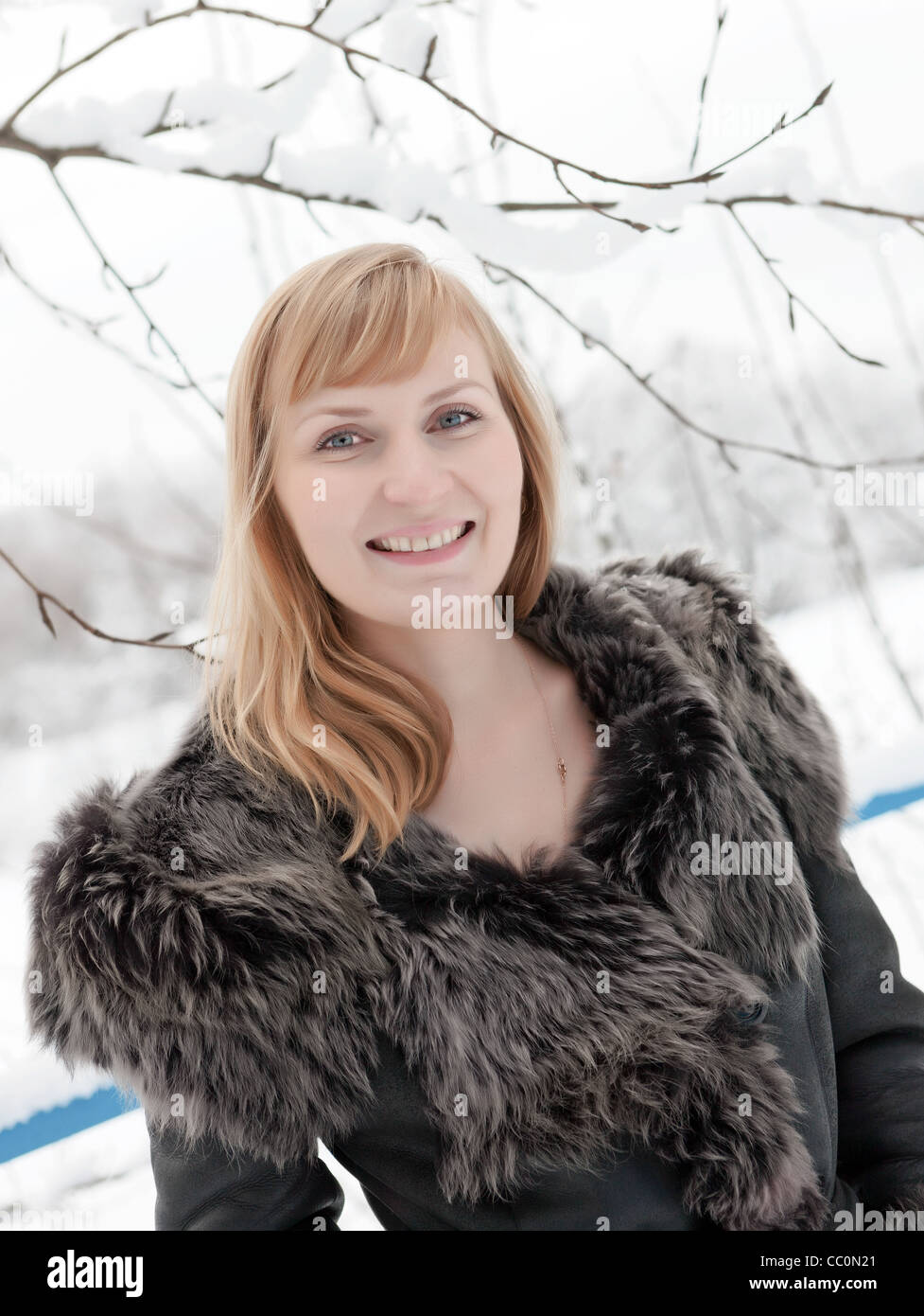 Beautiful young woman in winter fur coat. Winter portrait Stock Photo ...
