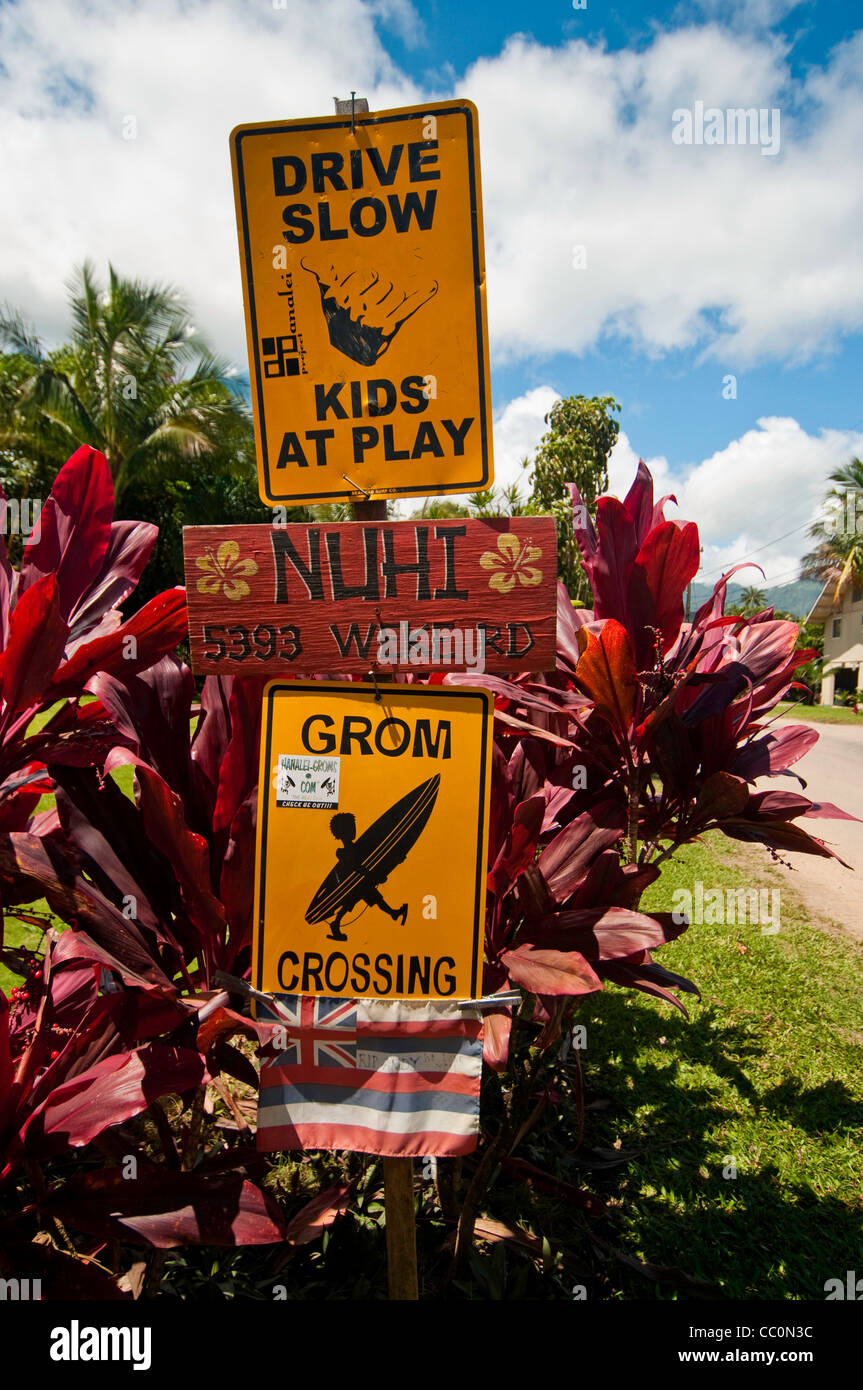 Cute sign, grom crossing, kids at play, kauai, hawaii, Stock Photo
