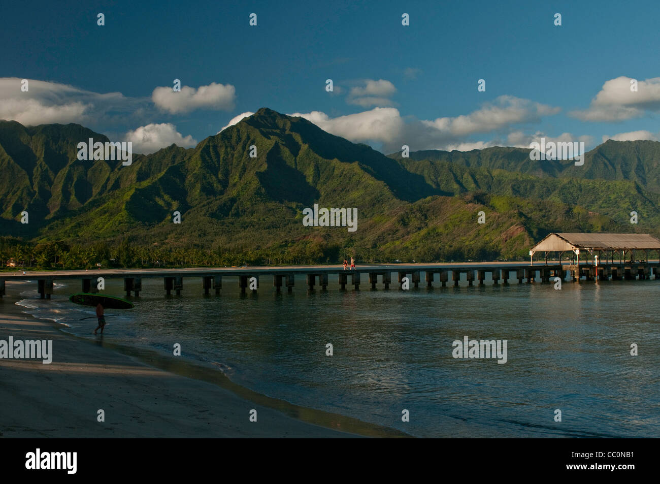 Classic view of the pier and mountains at Hanalei Bay, Kauai, Hawaii