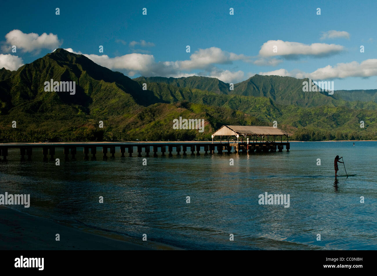 Silhouette of paddle boarder on water enjoying Hanalei Bay, Kauai