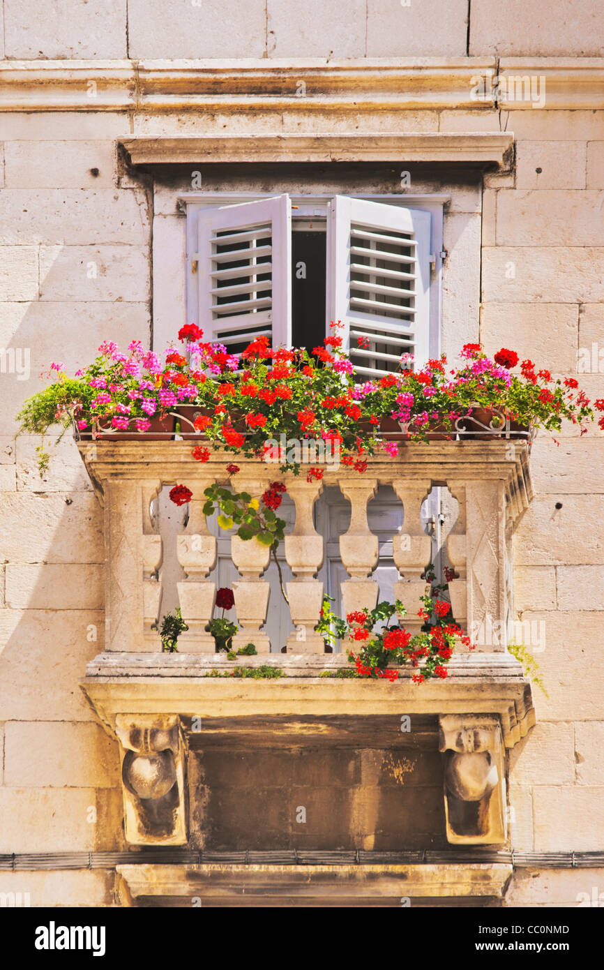 Detail photo of a balcony with flowers in the old town of Split, Dalmatia, Croatia, Europe Stock Photo
