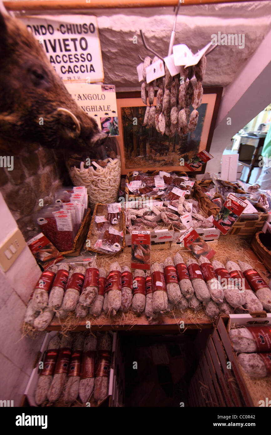 Various cured Boar meats in Chianti-Falocni (shop name). Stock Photo