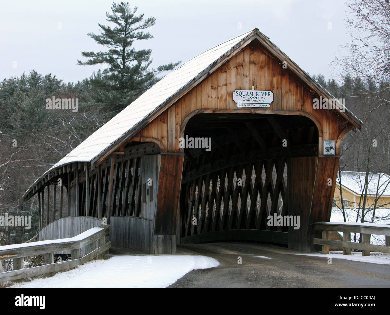 Squam River covered bridge in Ashland New Hampshire on a snowy day