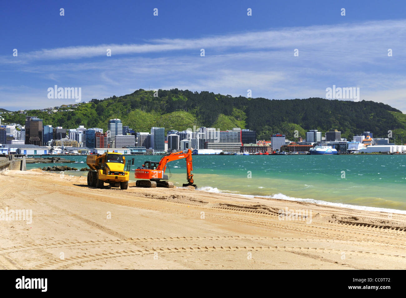 Dredging sand for Oriental Bay beach replenishment, Wellington, New Zealand. Stock Photo
