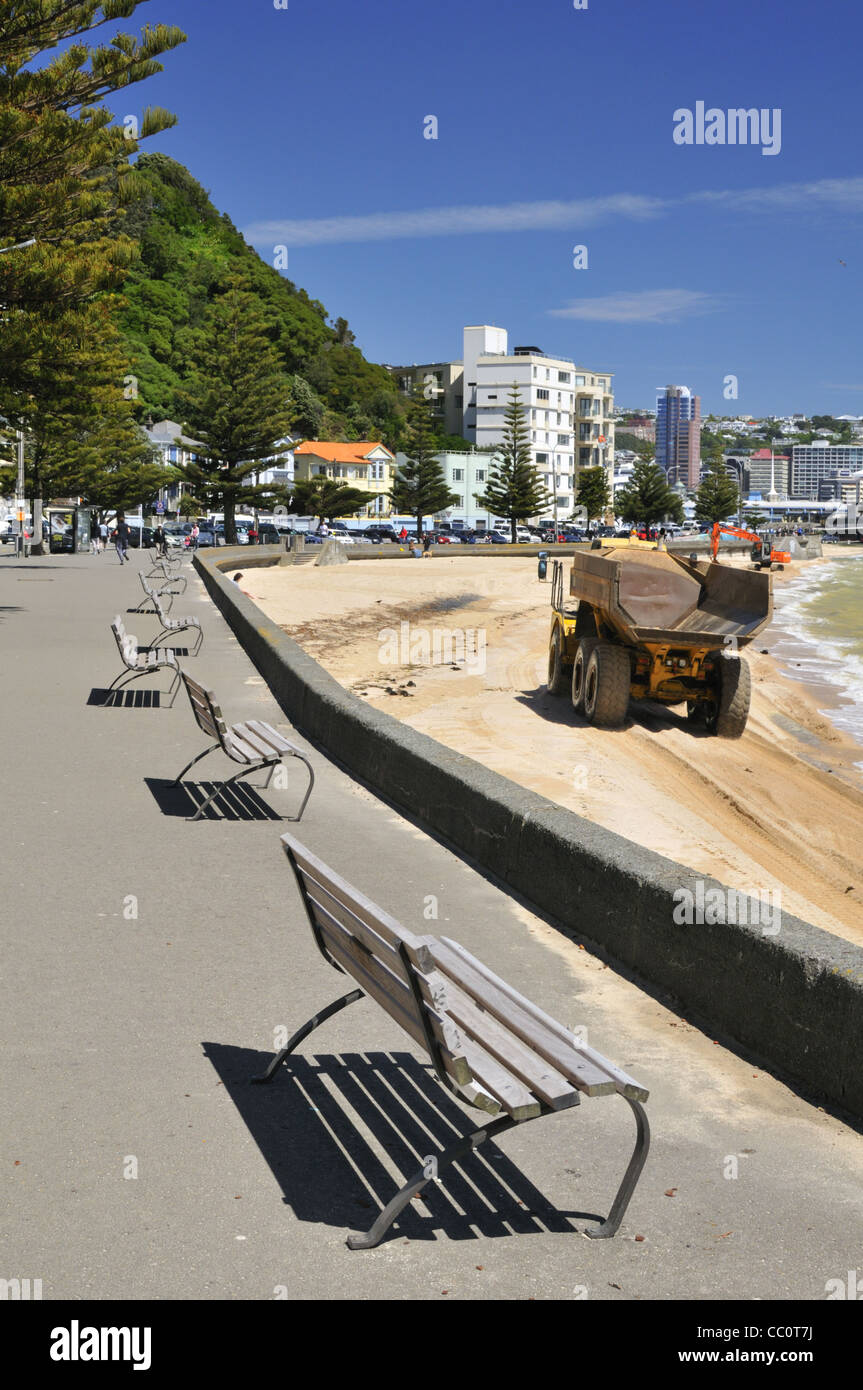 Wellington Oriental Parade waterfront promenade by Oriental Bay where beach replenishment is under way, New Zealand. Stock Photo