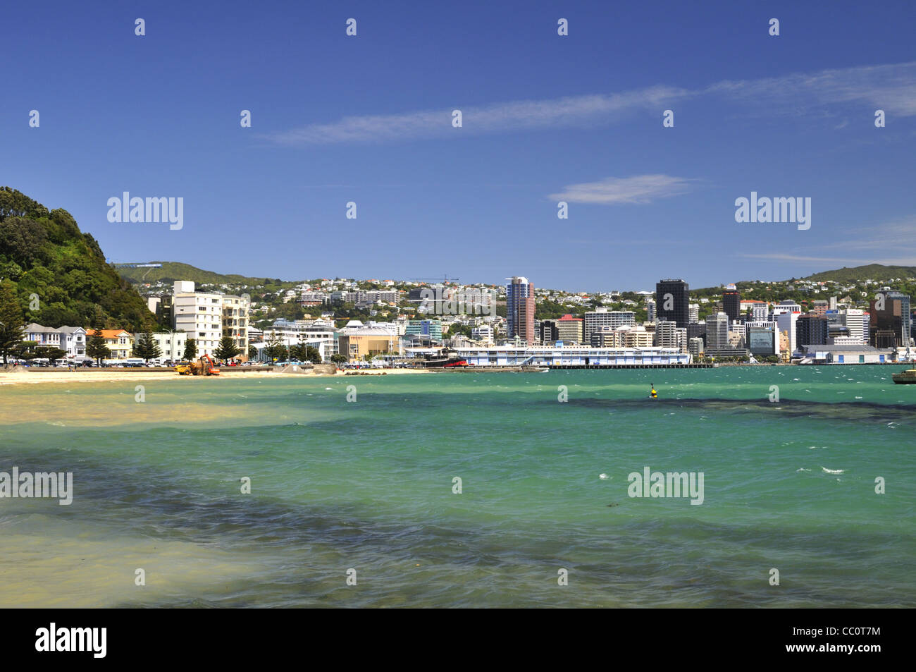 Wellington city skyline and Oriental Bay where beach replenishment is being carried out, New Zealand. Stock Photo