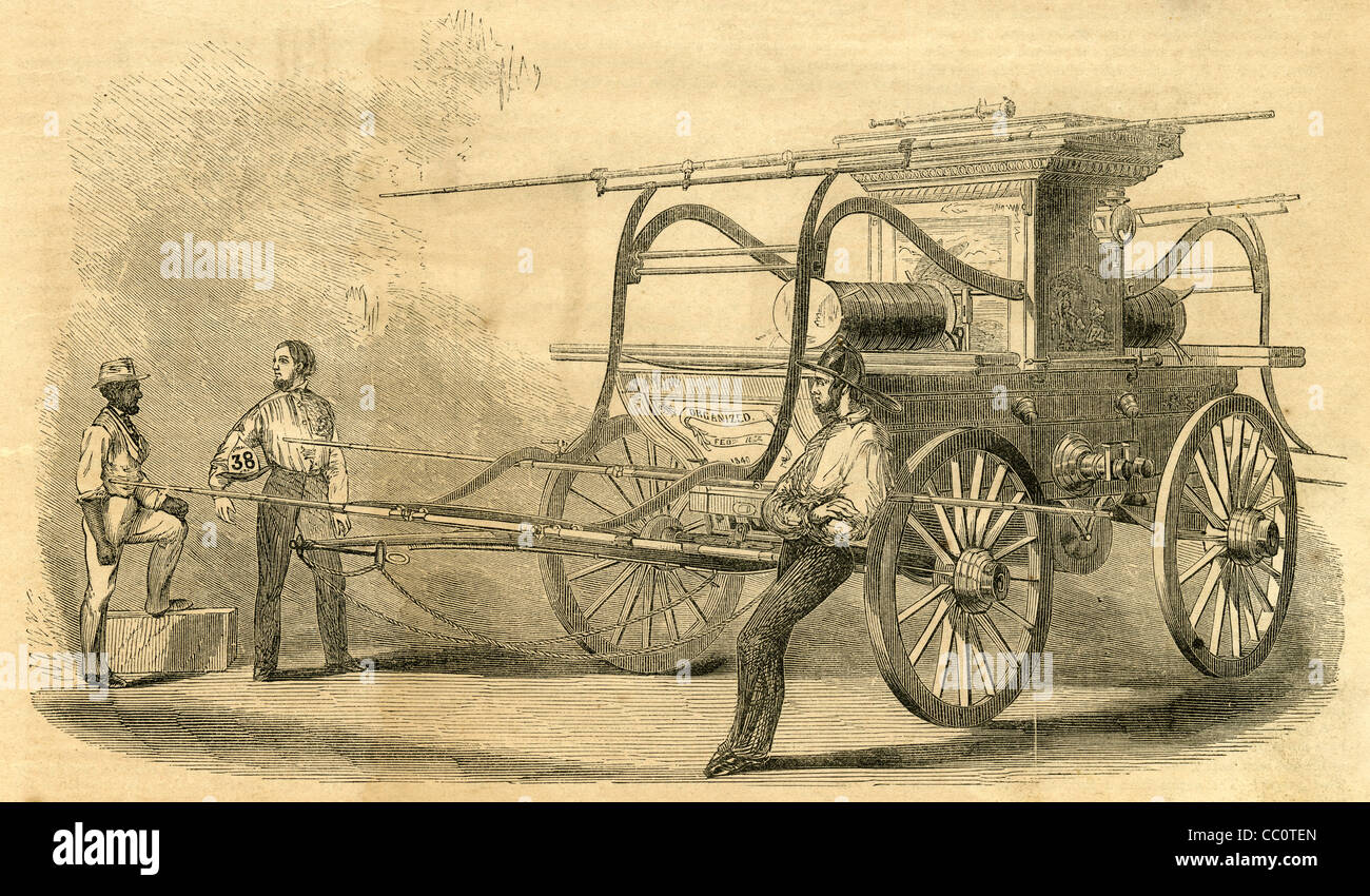 1854 engraving, Representation of the Fire Engine No. 38 of New York City. Stock Photo