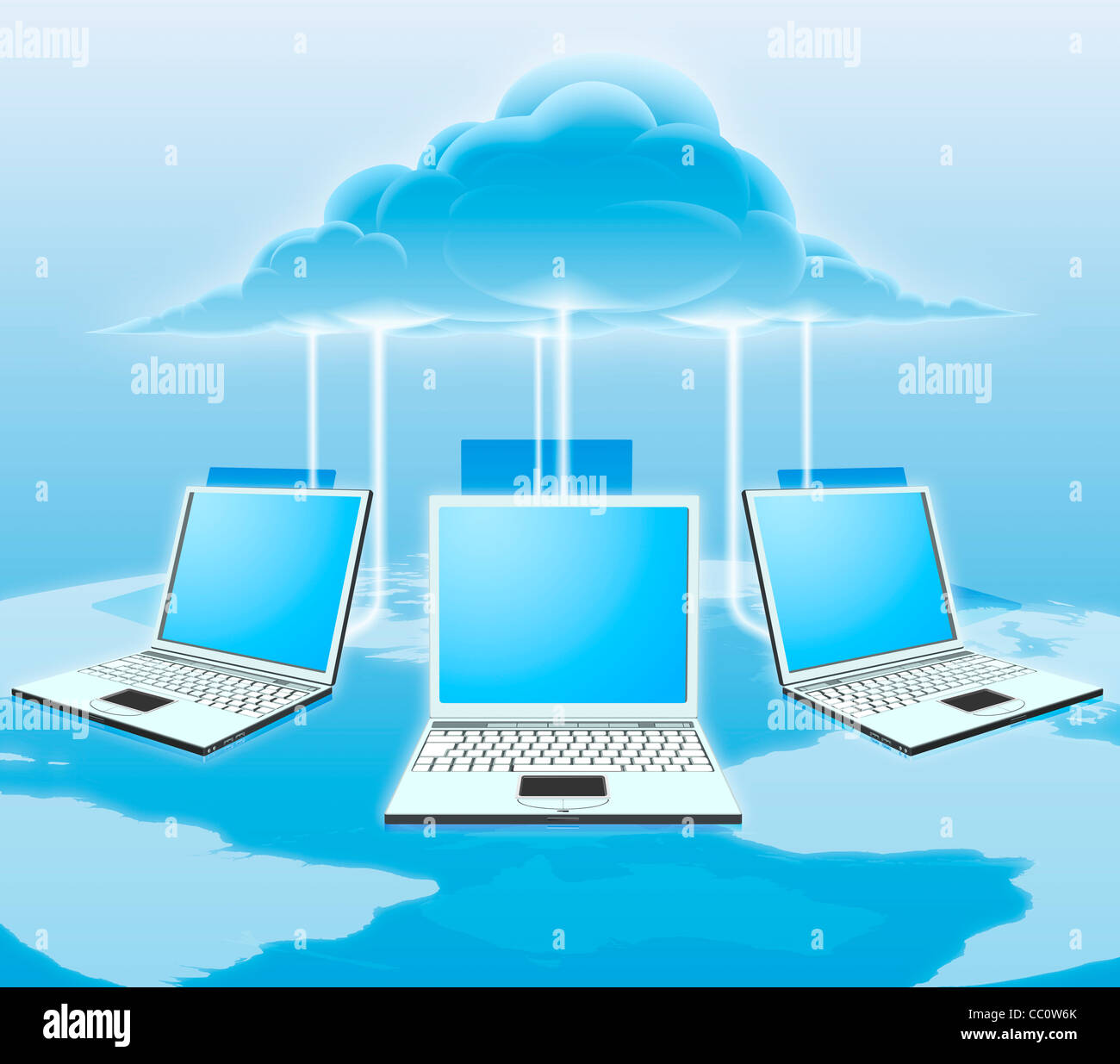 A conceptual cloud computing illustration. Laptops connected to the ...