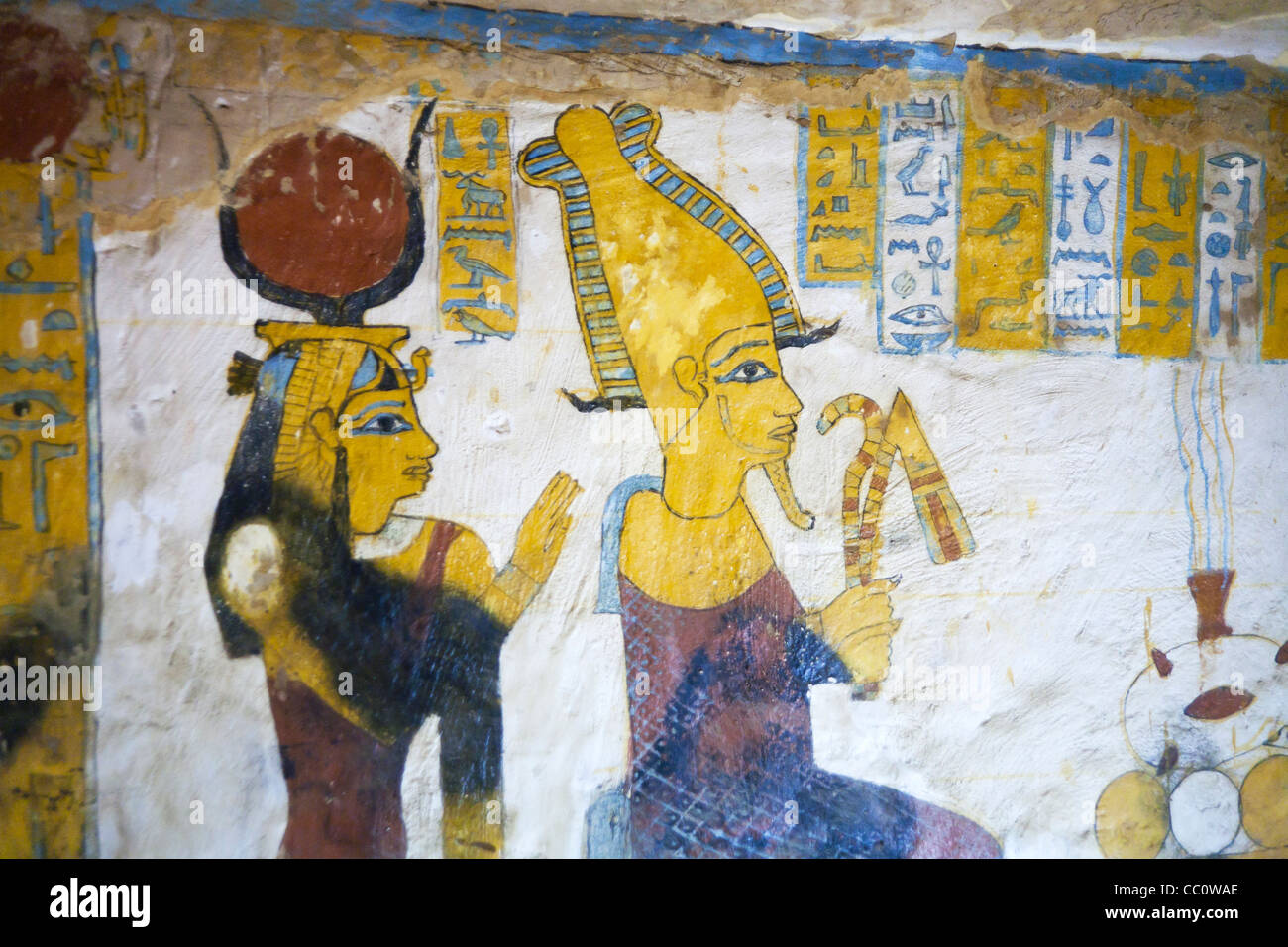 Decorated walls in the tomb of Bannentui sited in Qarat Qasr Salim village of Bawiti, Bahariya Oasis Egypt. Stock Photo