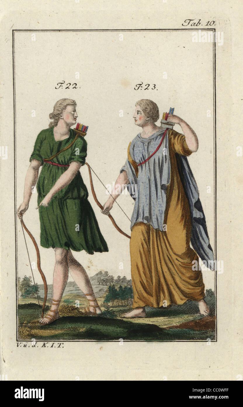Diana the hunter with bow and arrow, and Dido in Phrygian dress. Stock Photo