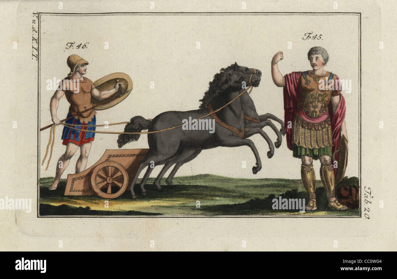 King Pyrrhus in Greek armour and a Greek warrior with chariot, harness and lance. Stock Photo