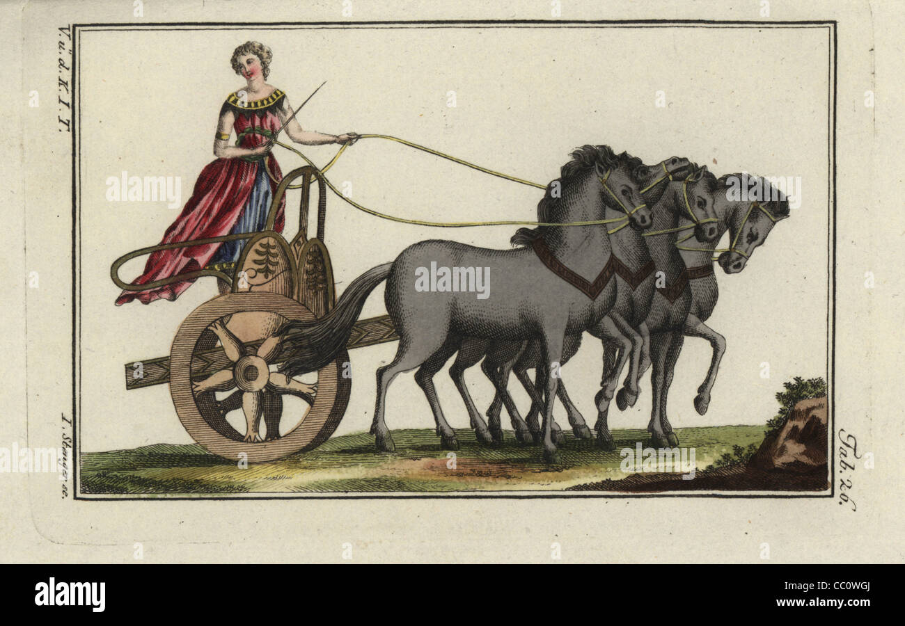 Woman with a laurel wreath driving a Greek four-horse chariot. Stock Photo