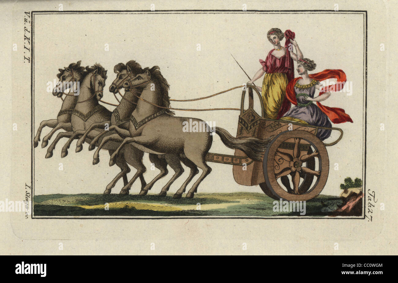 Women with laurel wreath and fluttering mantles driving a Greek four-horse chariot. Stock Photo