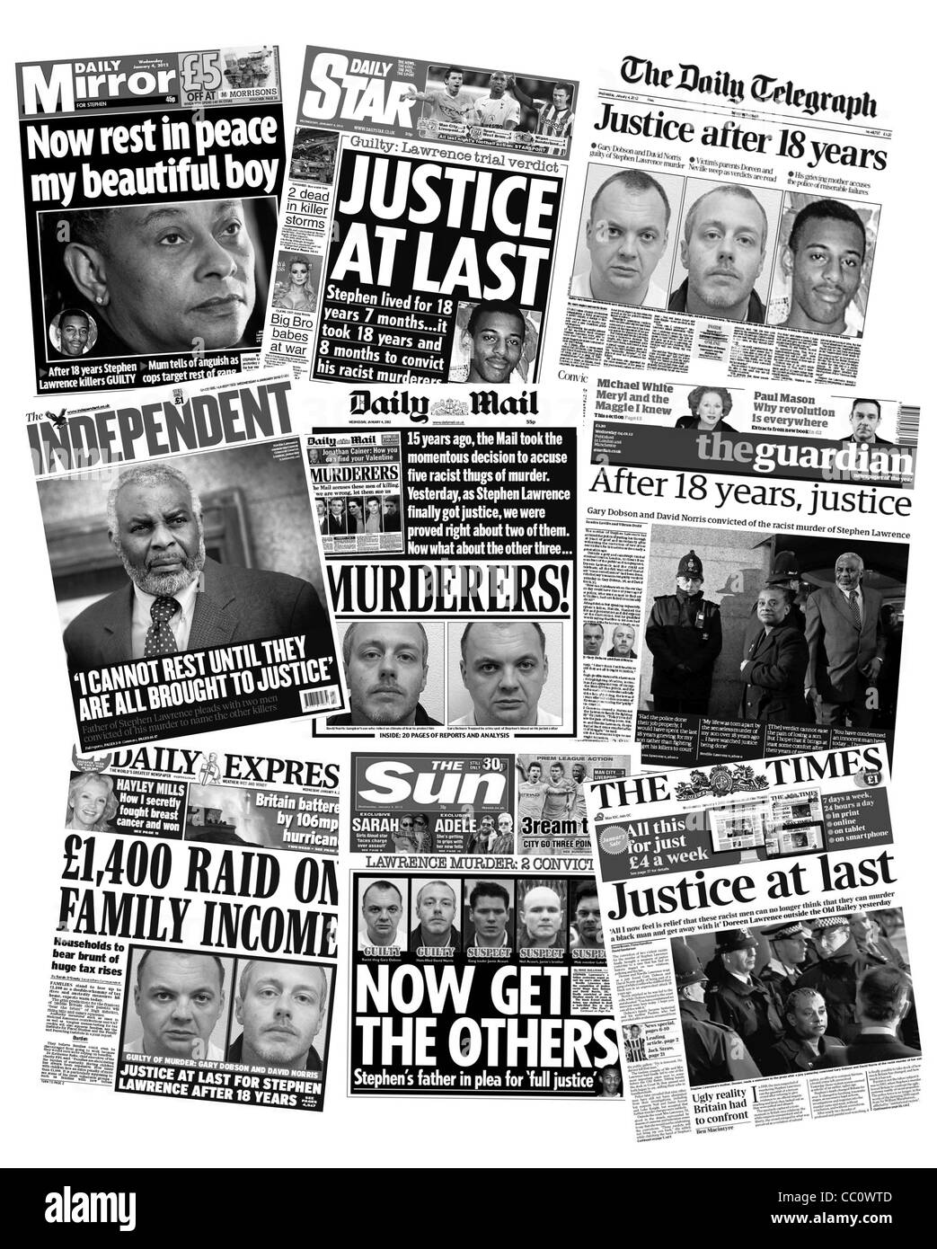 British National Papers front page coverage of the Stephen Lawrence murder trial 2012. [Converted to black and white] Stock Photo