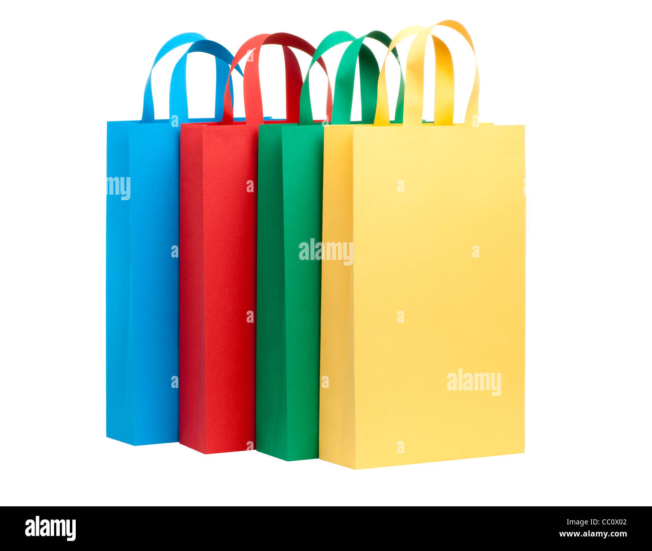 Assorted colored shopping bags in a row Stock Photo Alamy