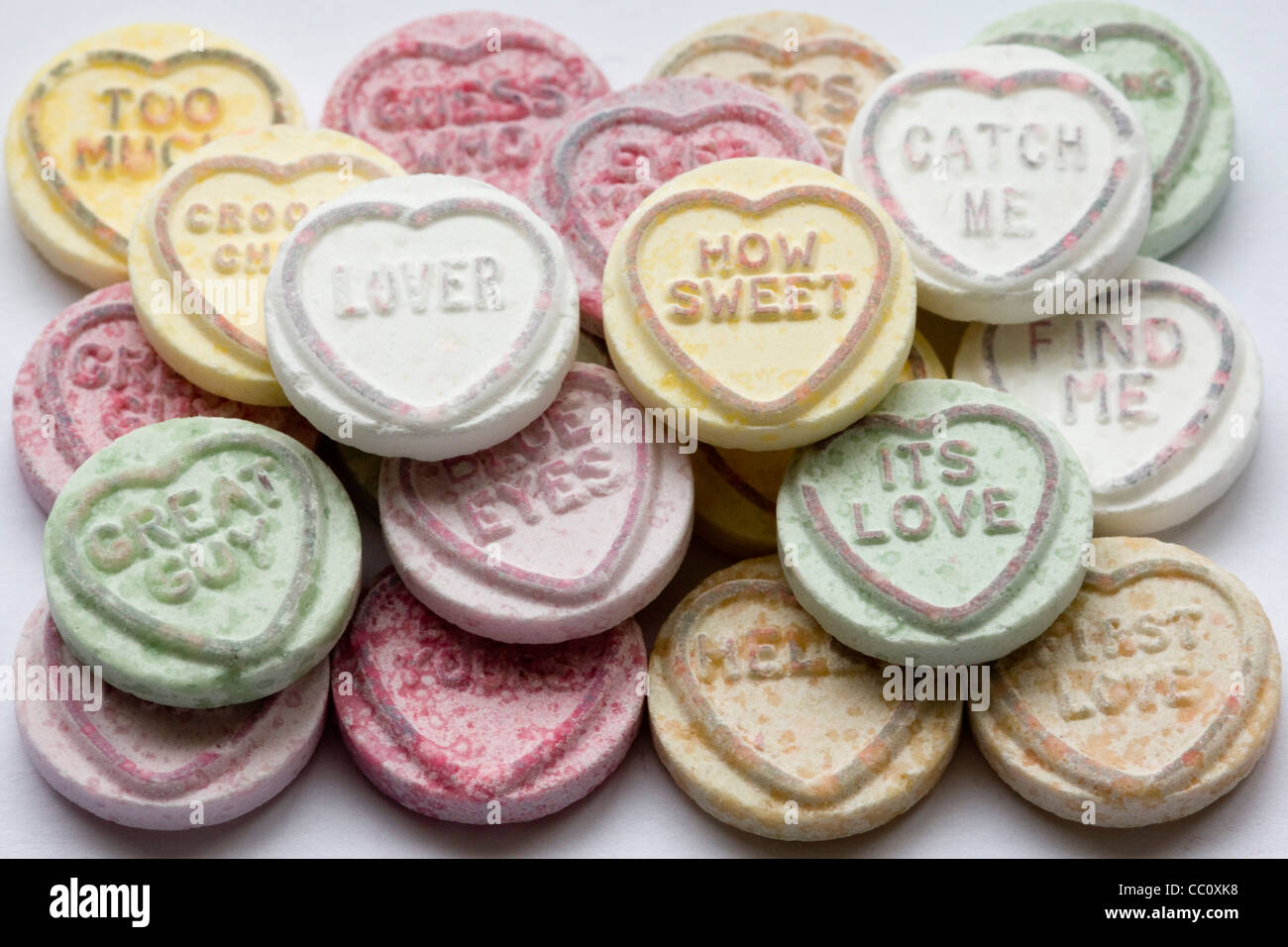 Love Heart Sweets with messages to loved ones on them Stock Photo Alamy