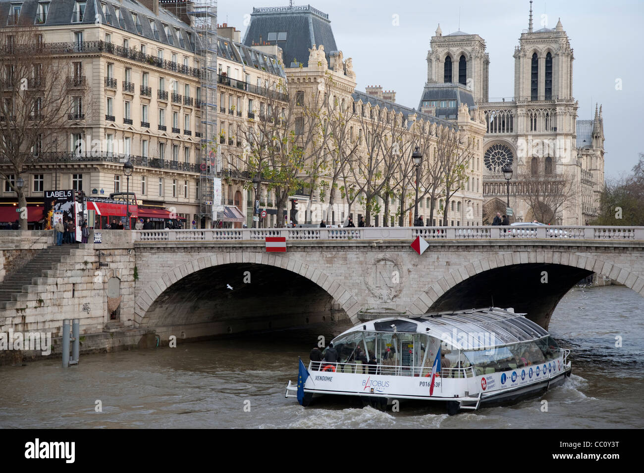 Notre Dame Cathedral with Pont St Michel Bridge in Paris, France Stock