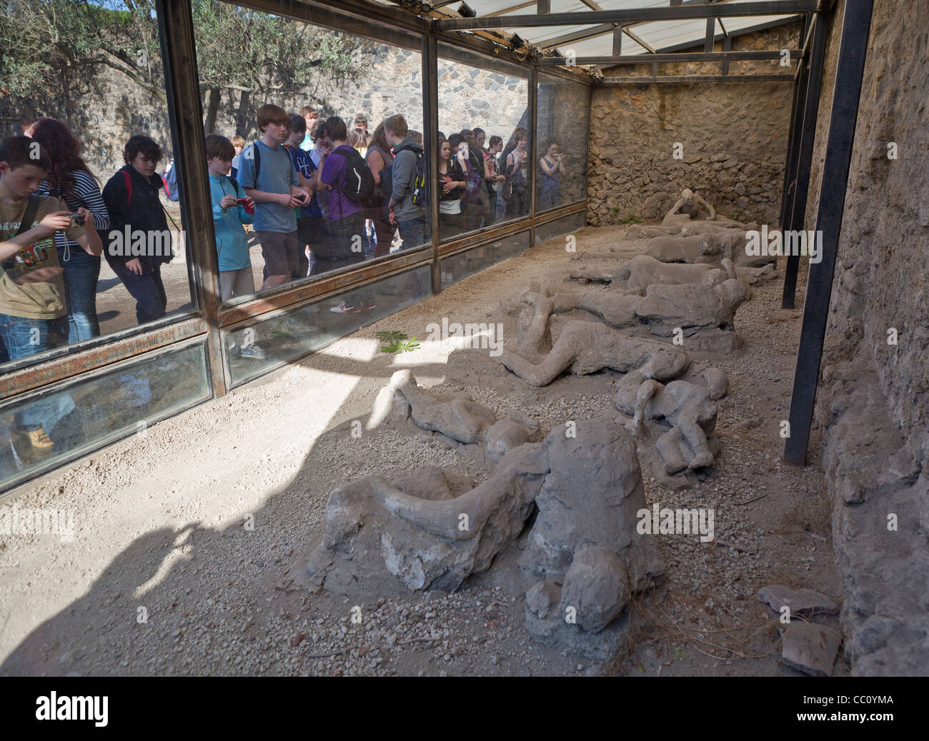Students at  the “Garden of Fugitives, petrified corpses in Pompeii, Campania, Italy Stock Photo