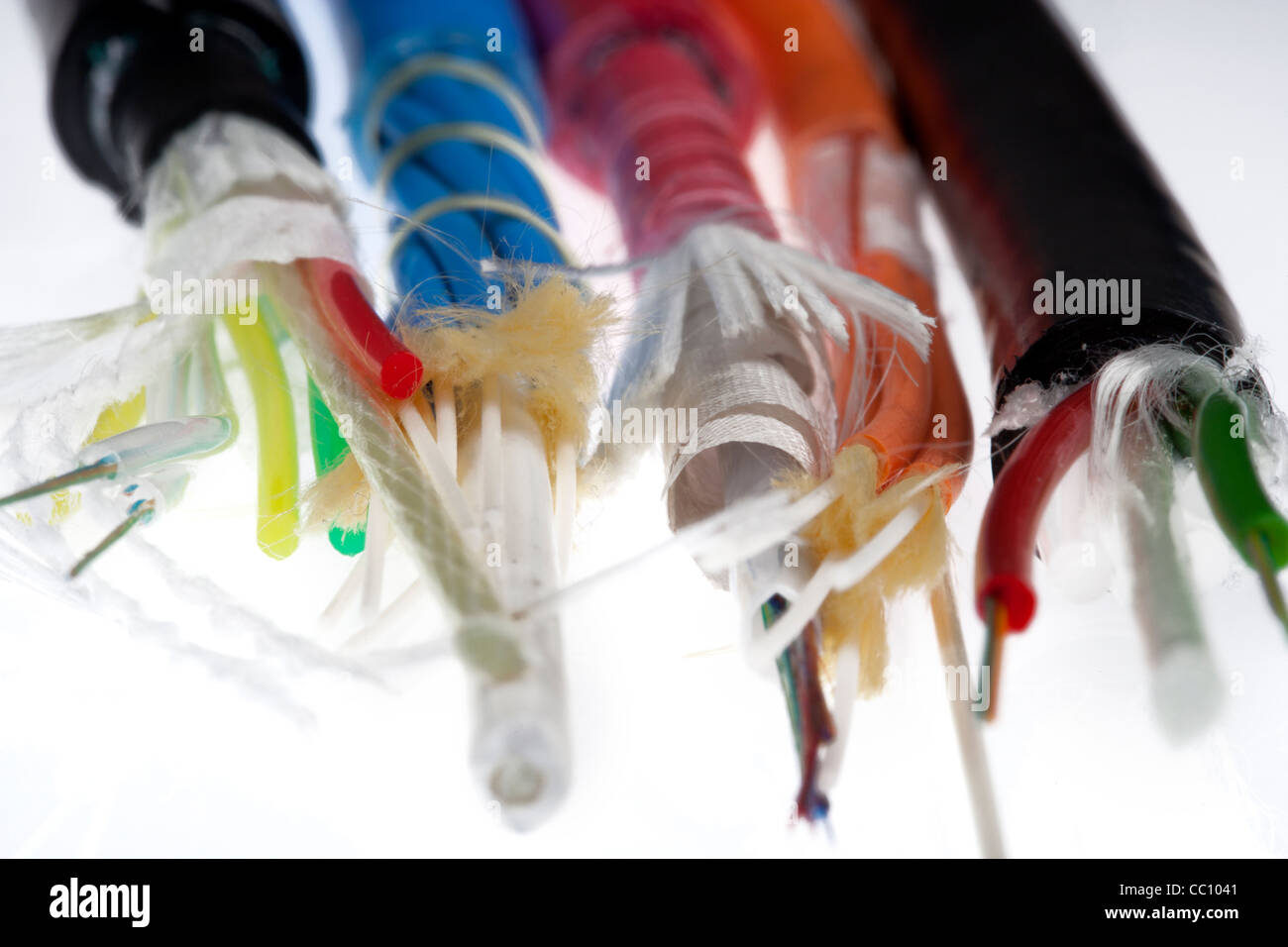Various different types of fibre optic cable. Stock Photo