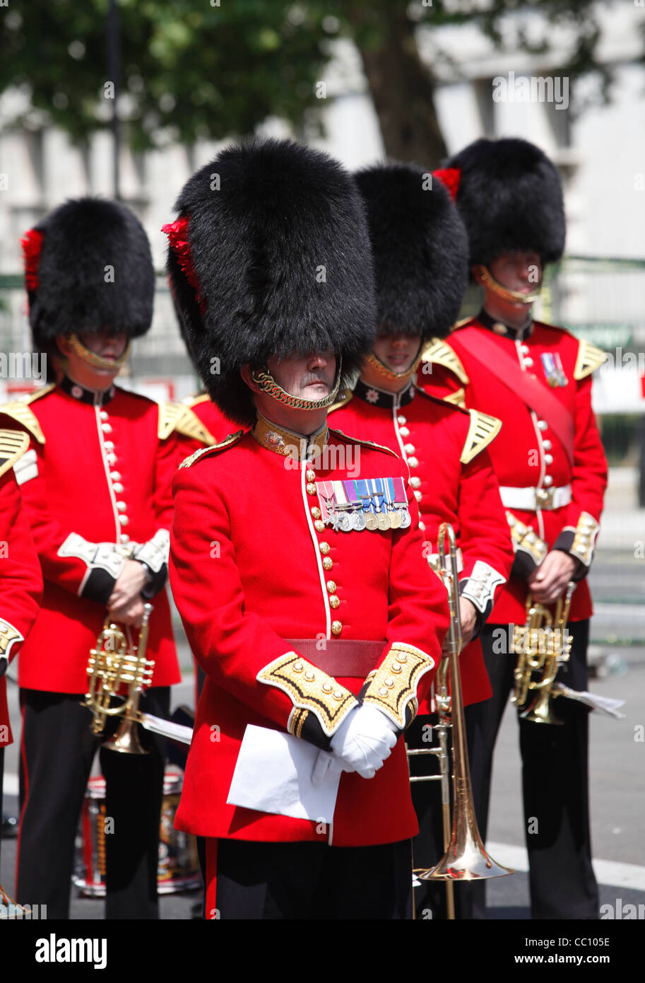 Military band wearing bearskin hats on Veterans' Day in London, England Stock Photo