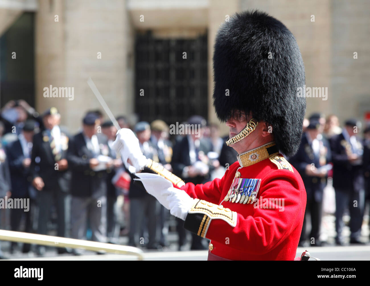 Military band wearing bearskin hats on Veterans' Day in London, England Stock Photo