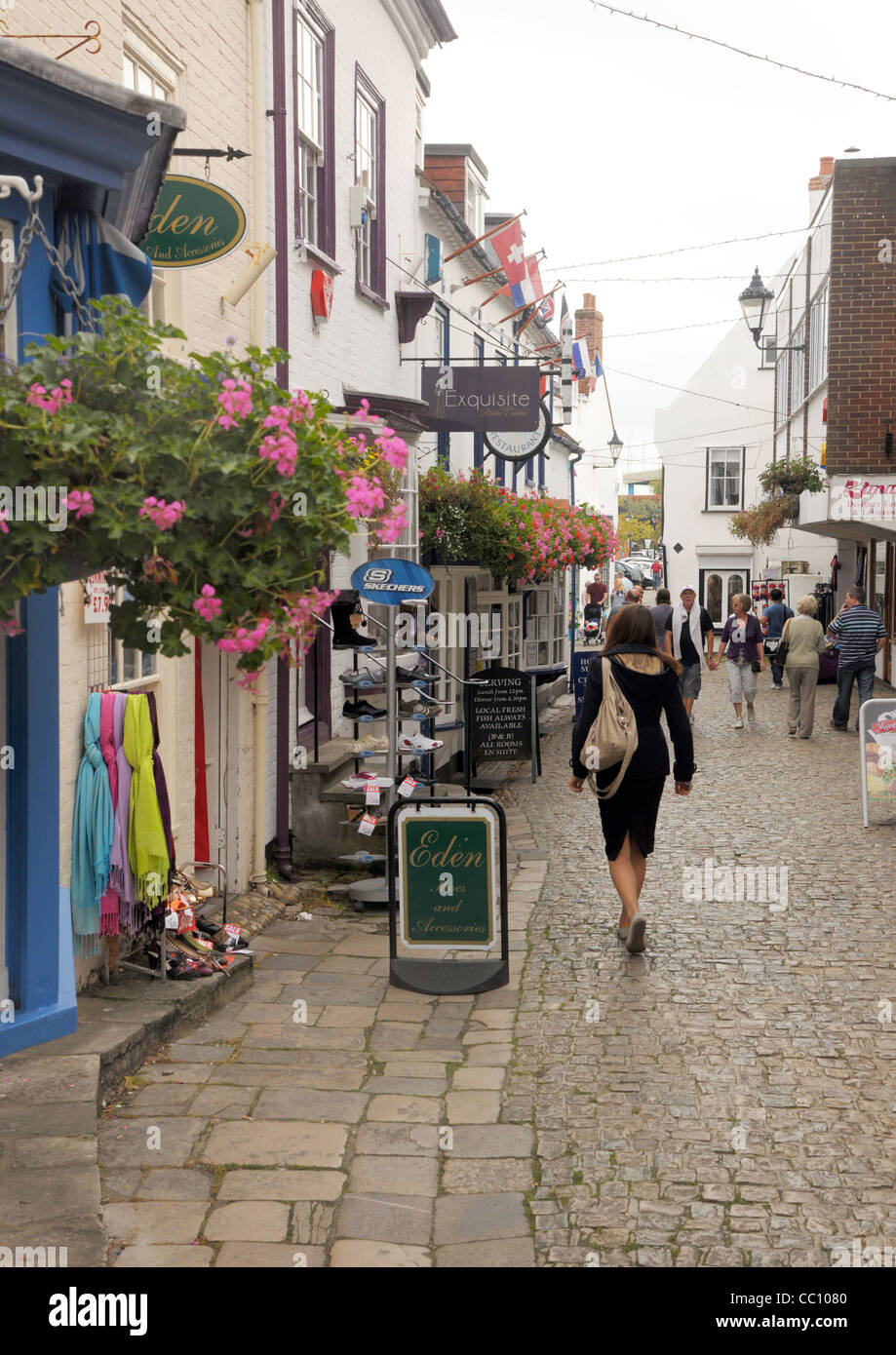 The shops and quaint cobbled streets of an English town. Yarmouth, Hampshire, England Stock Photo