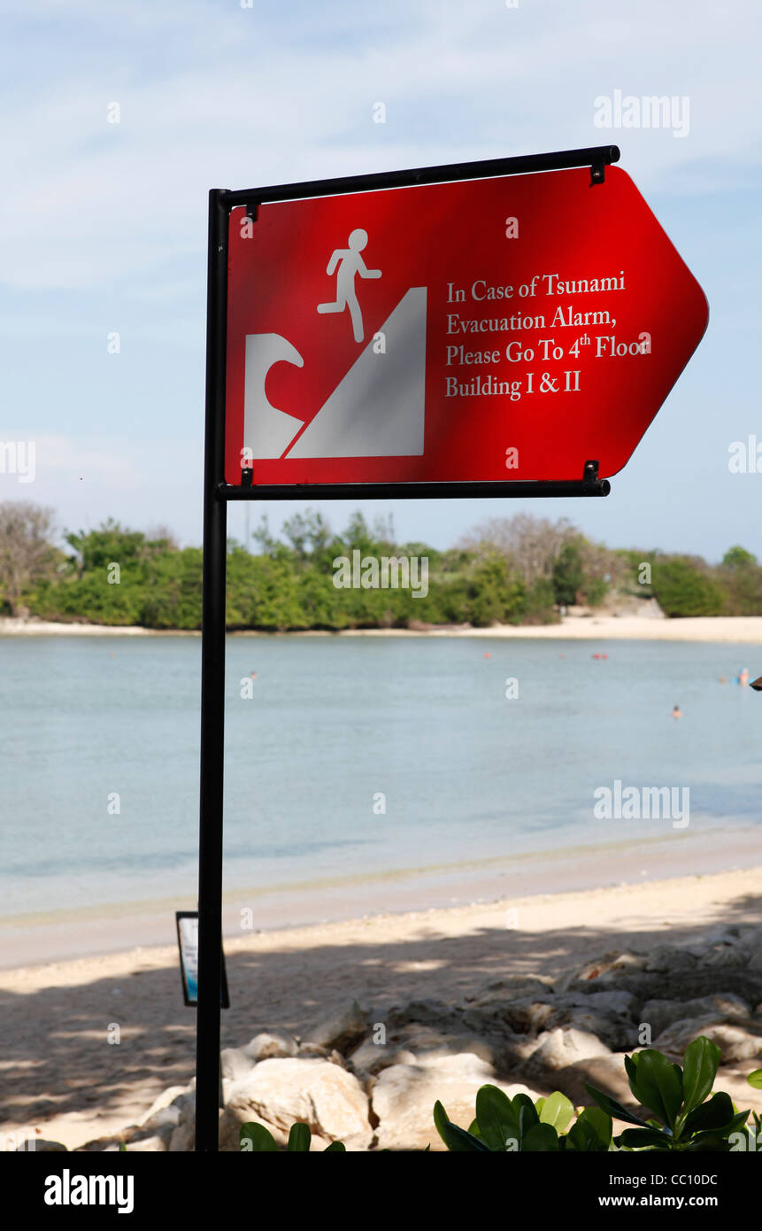 Tsunami warning sign on the beach in Nusa Dua, Bali, Indonesia Stock Photo  - Alamy