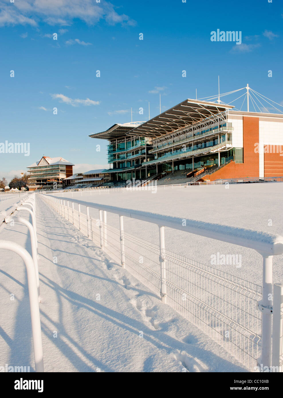 County Stand at York Racecourse, in the snow. Stock Photo