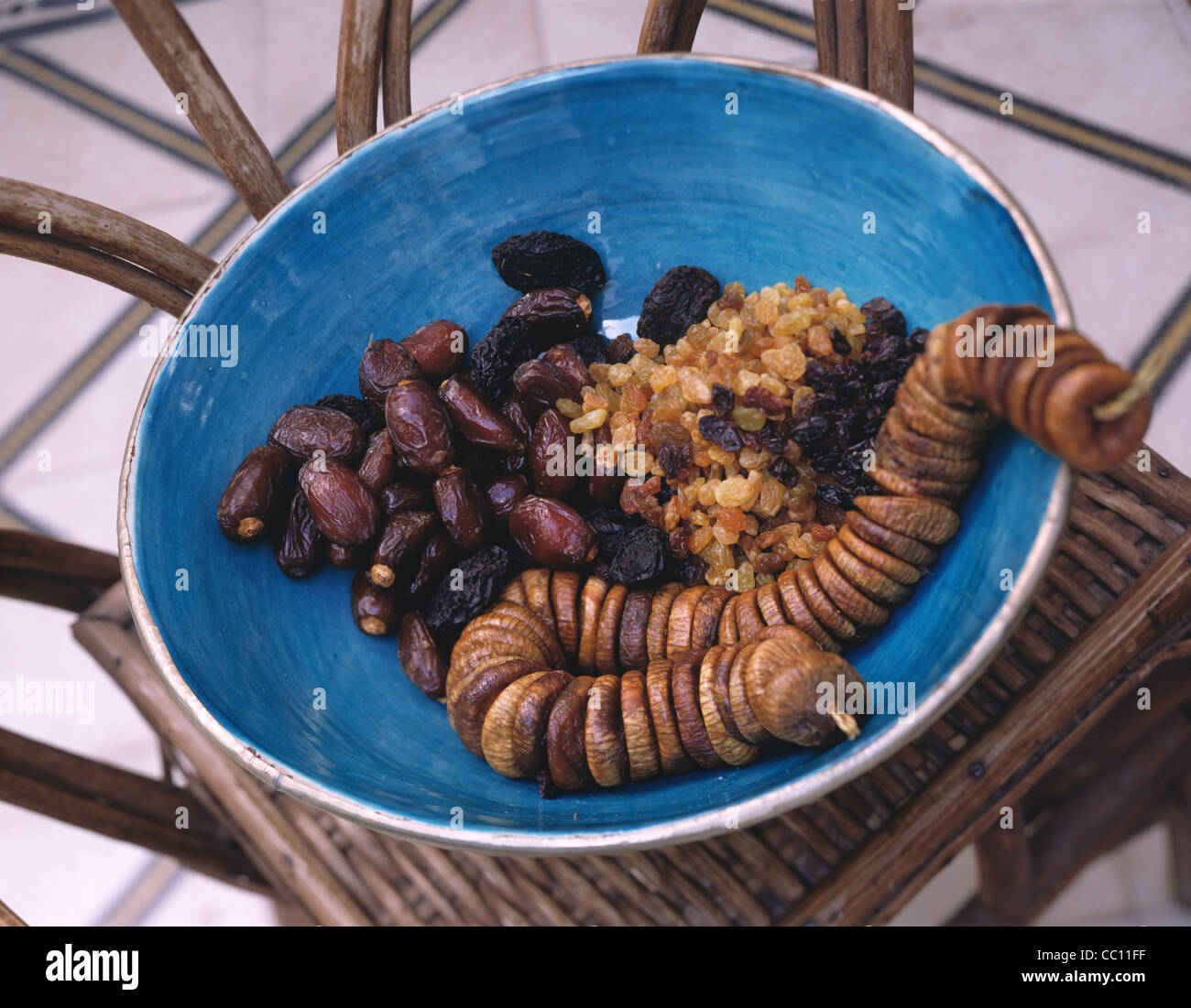 Still Dried fruits: figs, dates, raisins, currants and plums Stock Photo