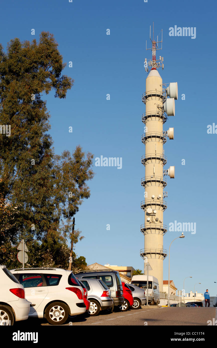 Telecommunications tower and cars in Algeciras, Spain Stock Photo