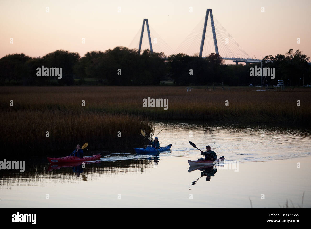 Kayaks near Shem Creek in Mount Pleasant, SC with the Ravenel Bridge in