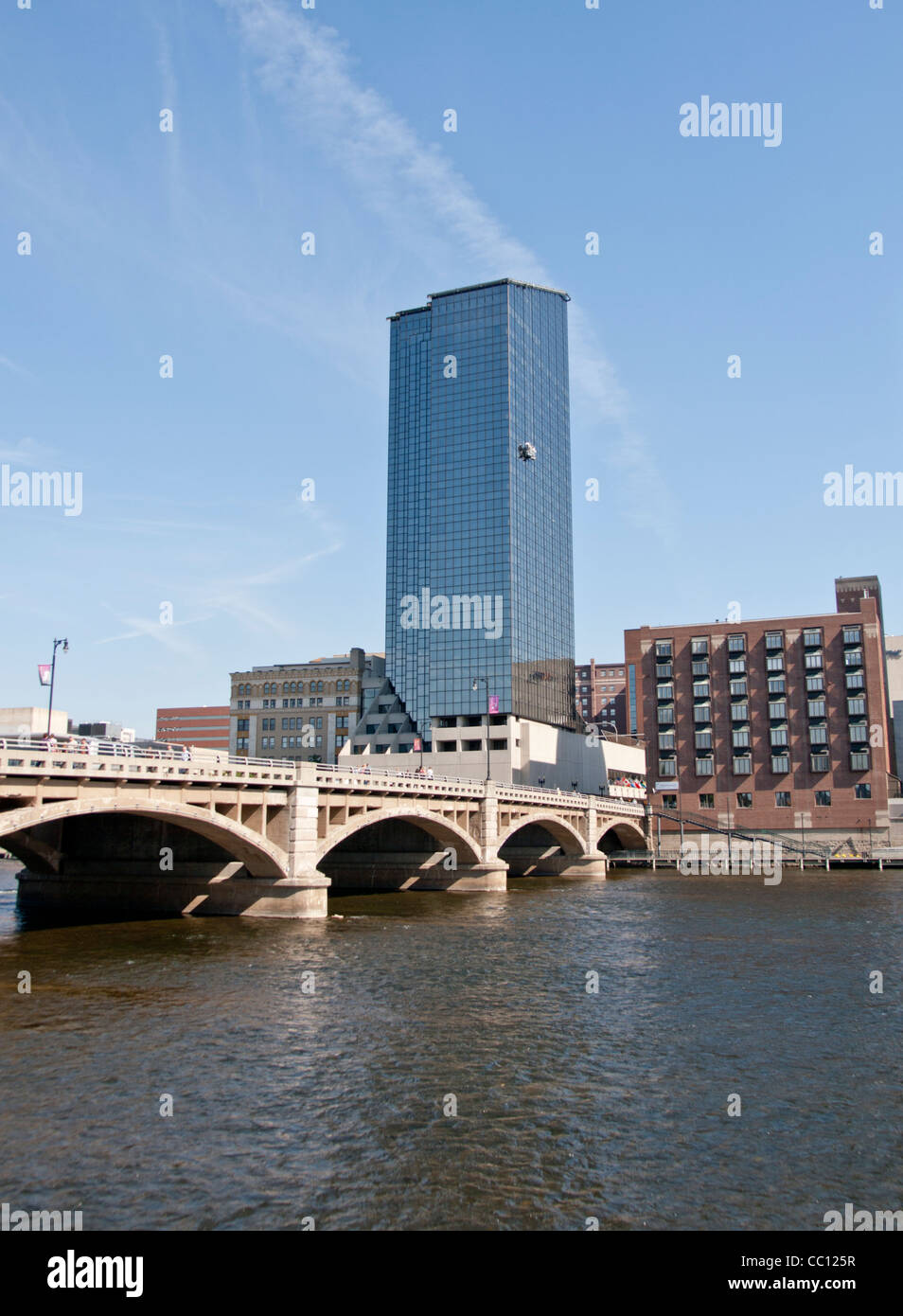 View of skyscrapers that sit along the Grand River in Grand Rapids