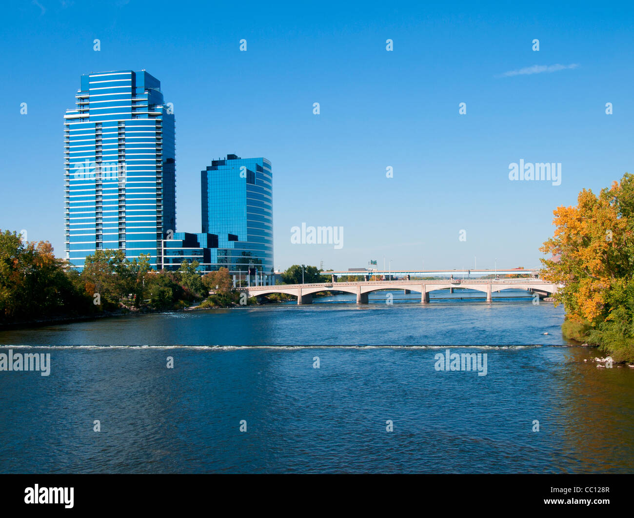 View of skyscrapers that sit along the Grand River in Grand Rapids
