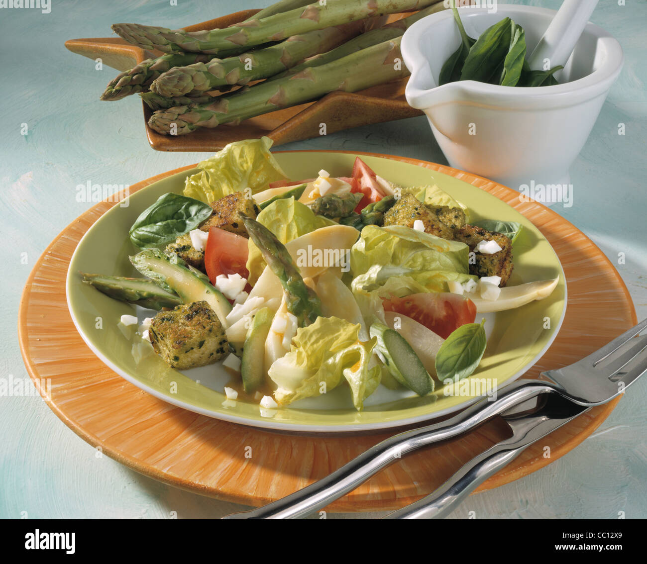 Asparagus salad with pesto - croûtons Stock Photo