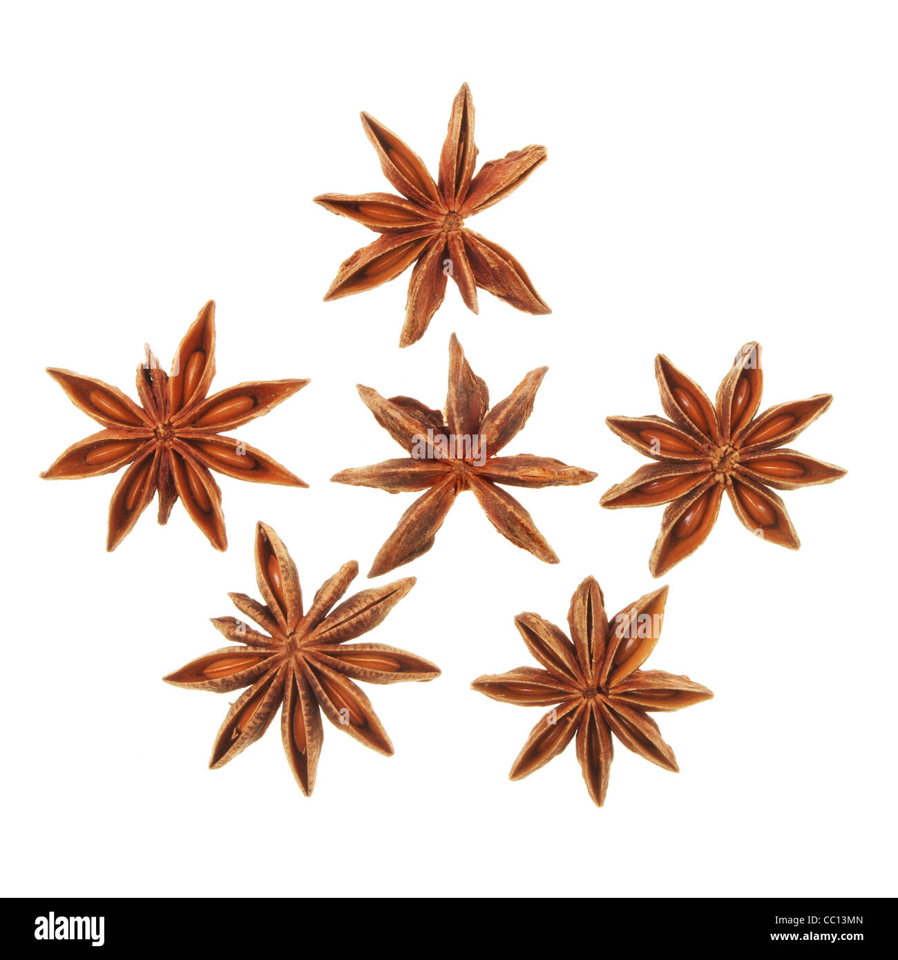 Star anise seed spice seed pods in a group isolated against white Stock Photo