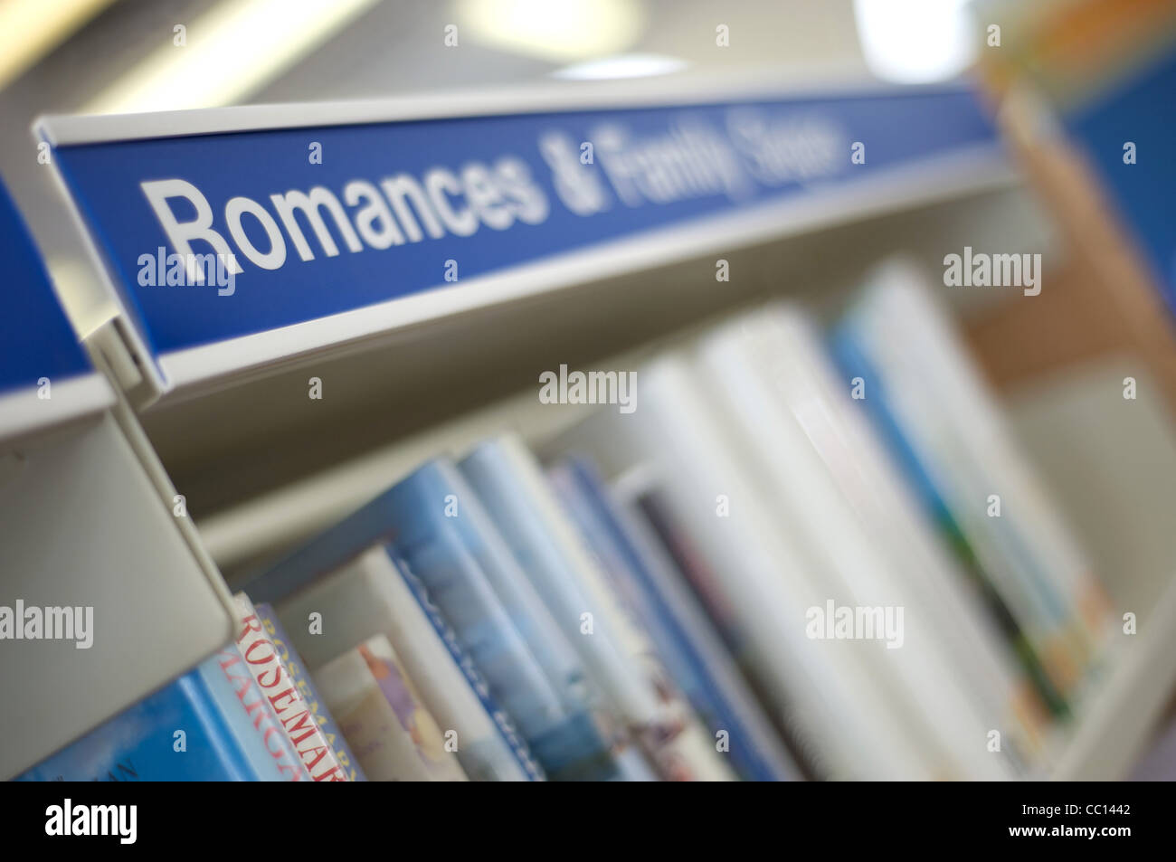 Library signage Romances family sagas Stock Photo
