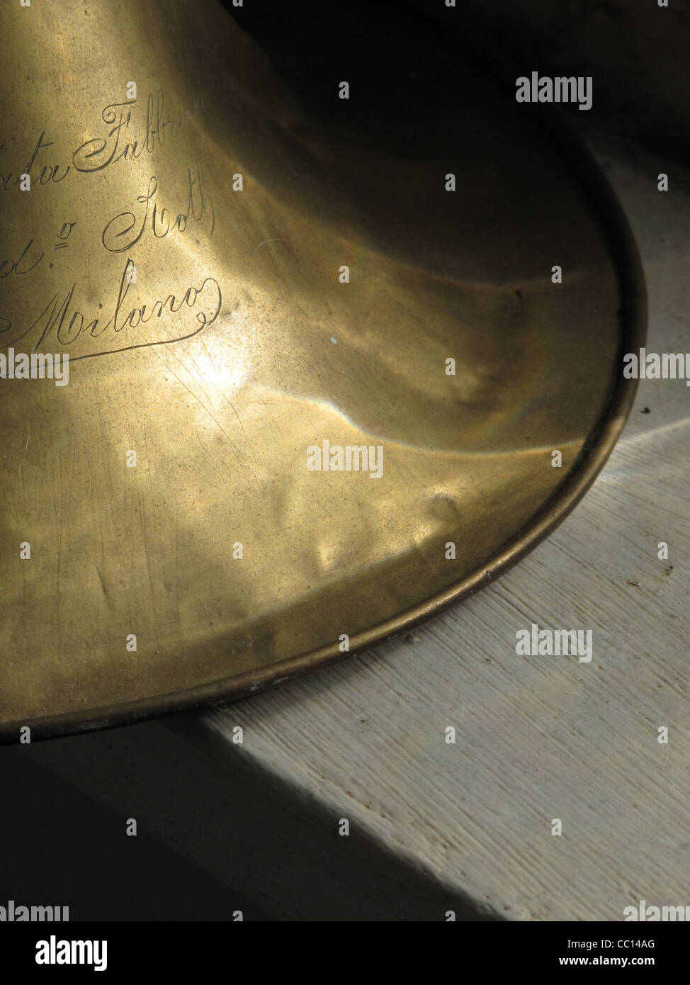 old brass horn trumpet music instrument by window Stock Photo Alamy