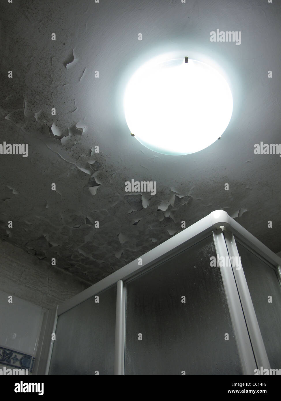Bathroom Shower Unit With Damp Flaking Paint On Ceiling Stock