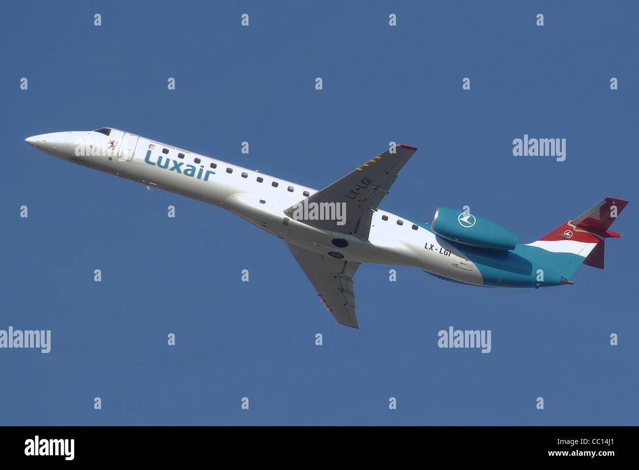 Luxair Embraer ERJ 145 (LX-LGI) takes off from London Heathrow Airport, England. Stock Photo